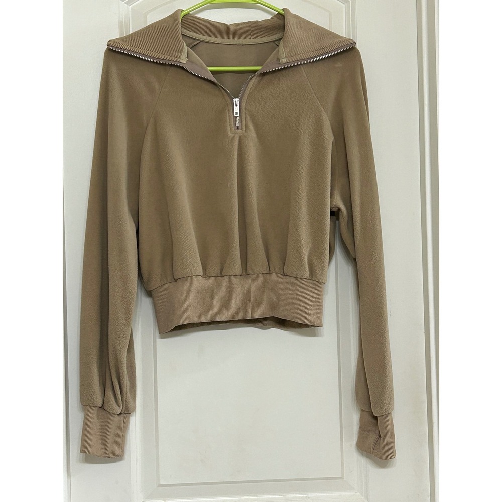 Shein Womens Pullover‎ Crop Top Collared Half Zip Long Sleeve Beige Medium